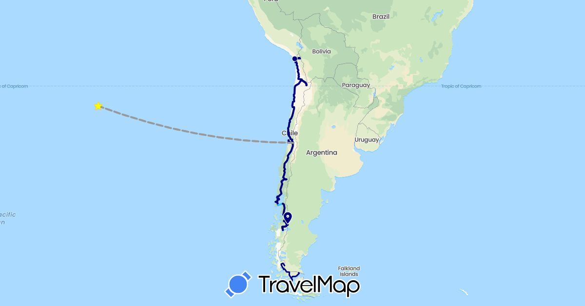 TravelMap itinerary: driving, plane, boat in Chile (South America)