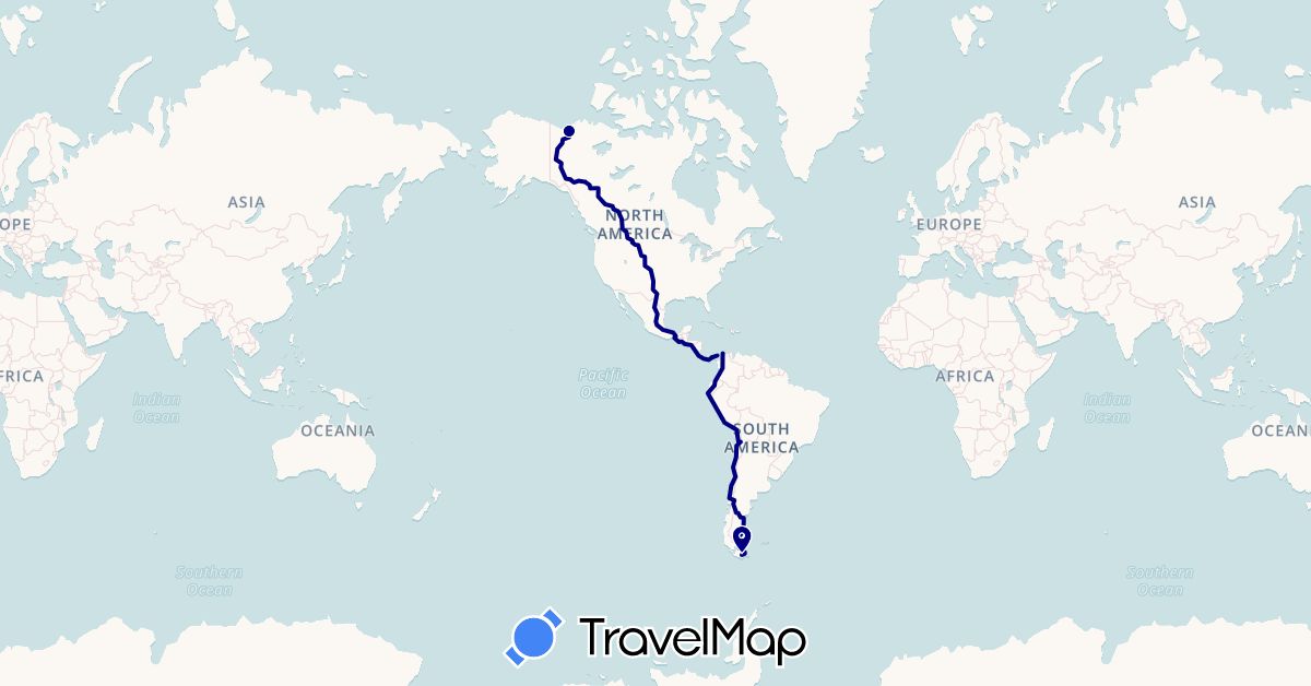 TravelMap itinerary: driving in Argentina, Canada, Colombia, Panama (North America, South America)
